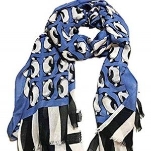 Soft Fringe Scarf Playful Penguins Blue